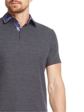 PINEDA COVALIN Men's Short-Sleeve Gray Polo with Patterned Collar (M3)